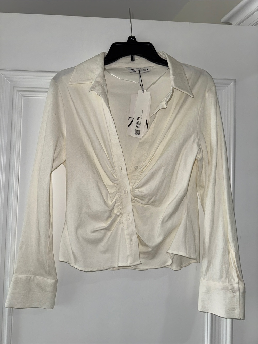 Zara Ivory Ruched Button-Down Shirt